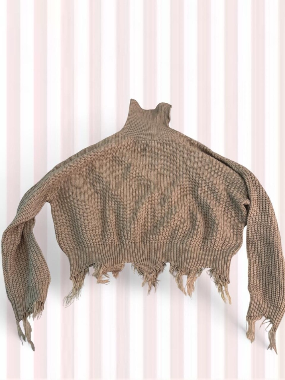 Cropped Distressed Turtleneck Sweater in Taupe
